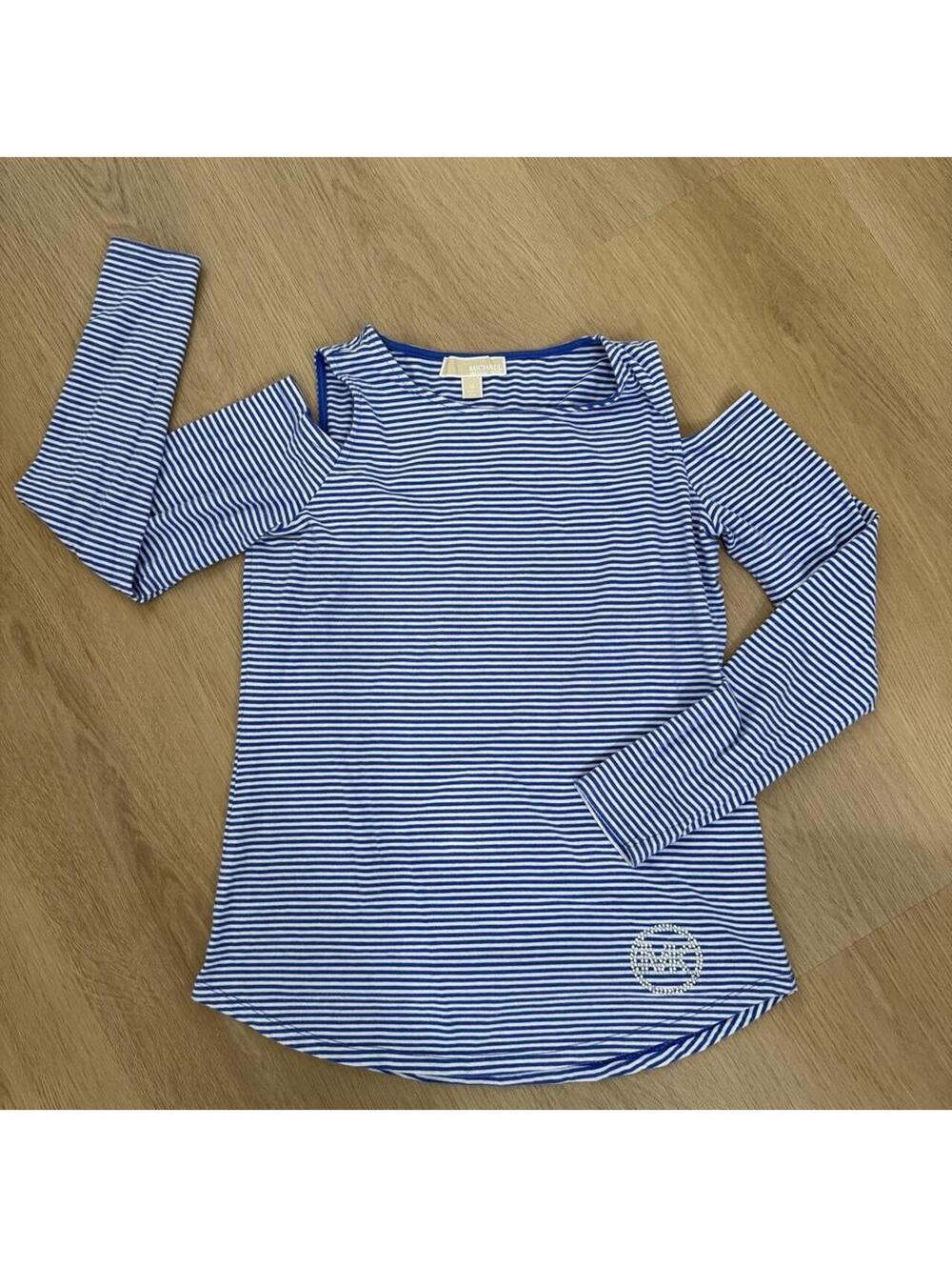 Michael Kors Blue and White Striped Cold-Shoulder Long Sleeve Top Size Medium